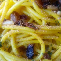 BUCATINI WITH ANCHOVIES, RAISIN, PINE NUTS AND SAFFRON